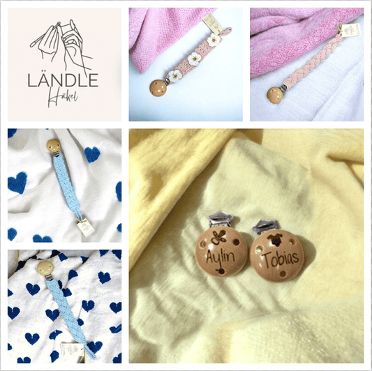 Gehäkelte Schnullerkette mit Namens-Gravur Baby & Kinder LändleHäkel oesterreich handgemachte geschenke in wien