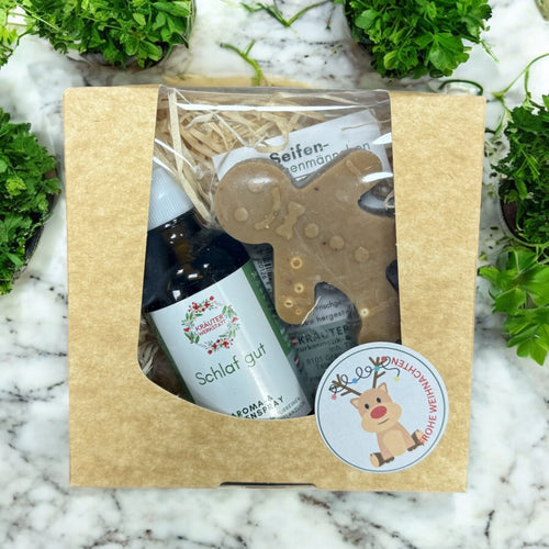 Naturzauber Geschenkbox der Kräuterwerkstatt Graz mit handgesiedeten Seifen, Aroma Sprays, Kräutermischungen und mehr. Liebevoll in der Steiermark hergestellt.