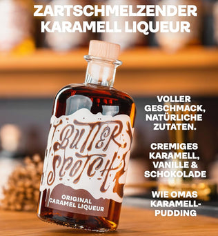 Butterscotch Original Karamell Likör – 500 ml Flasche, 20% Alkohol. Handgefertigter Likör aus Butter, braunem Zucker, Sahne und Vanille. Ideal für Desserts, Cocktails und puren Genuss. Dreizack Wien.