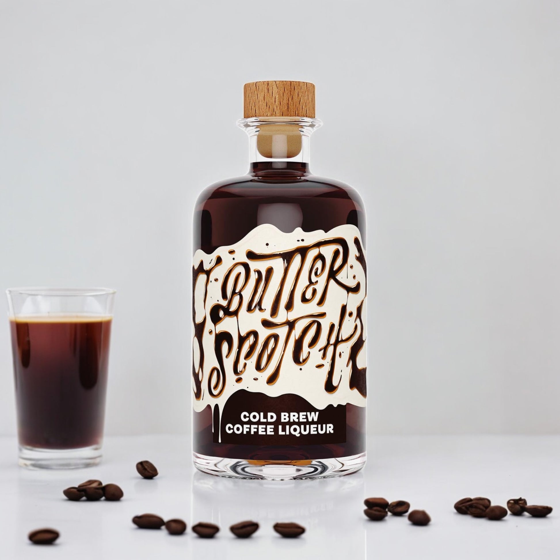 Butterscotch Cold Brew Coffee Likör – 500 ml Flasche, 20% Alkohol. Handgefertigt in Deutschland, perfekte Balance zwischen süßem Karamell und kräftigem Kaffee, ideal für Cocktails und puren Genuss. Dreizack Wien