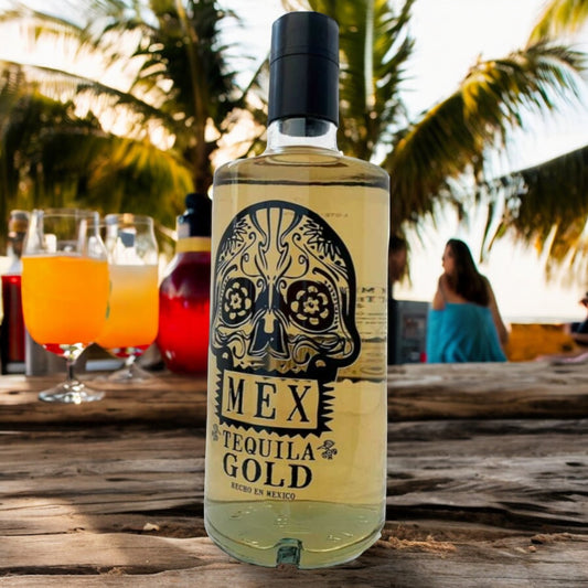 Mex Gold Tequila – 700 ml Flasche, 35% Alkohol. Hergestellt in Jalisco, Mexiko, und gereift in amerikanischen Weißeichenfässern. Ideal für Cocktails und puren Genuss. Dreizack Wien.