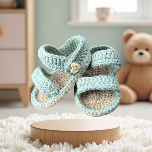 Handgemachte Babyschuhe von Handgemacht_SK, gehäkelt aus recyceltem Material, für Babys im Alter von 3 bis 12 Monaten, ideal als Geschenk für besondere Anlässe.

