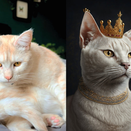 Dreizack Königliches Katzenportrait Orange cat– Personalisiertes Portrait deiner Katze mit Krone, Robe und Schmuck. Erhältlich als digitaler Download, Poster oder Leinwand in verschiedenen Größen. Dreizack Wien.