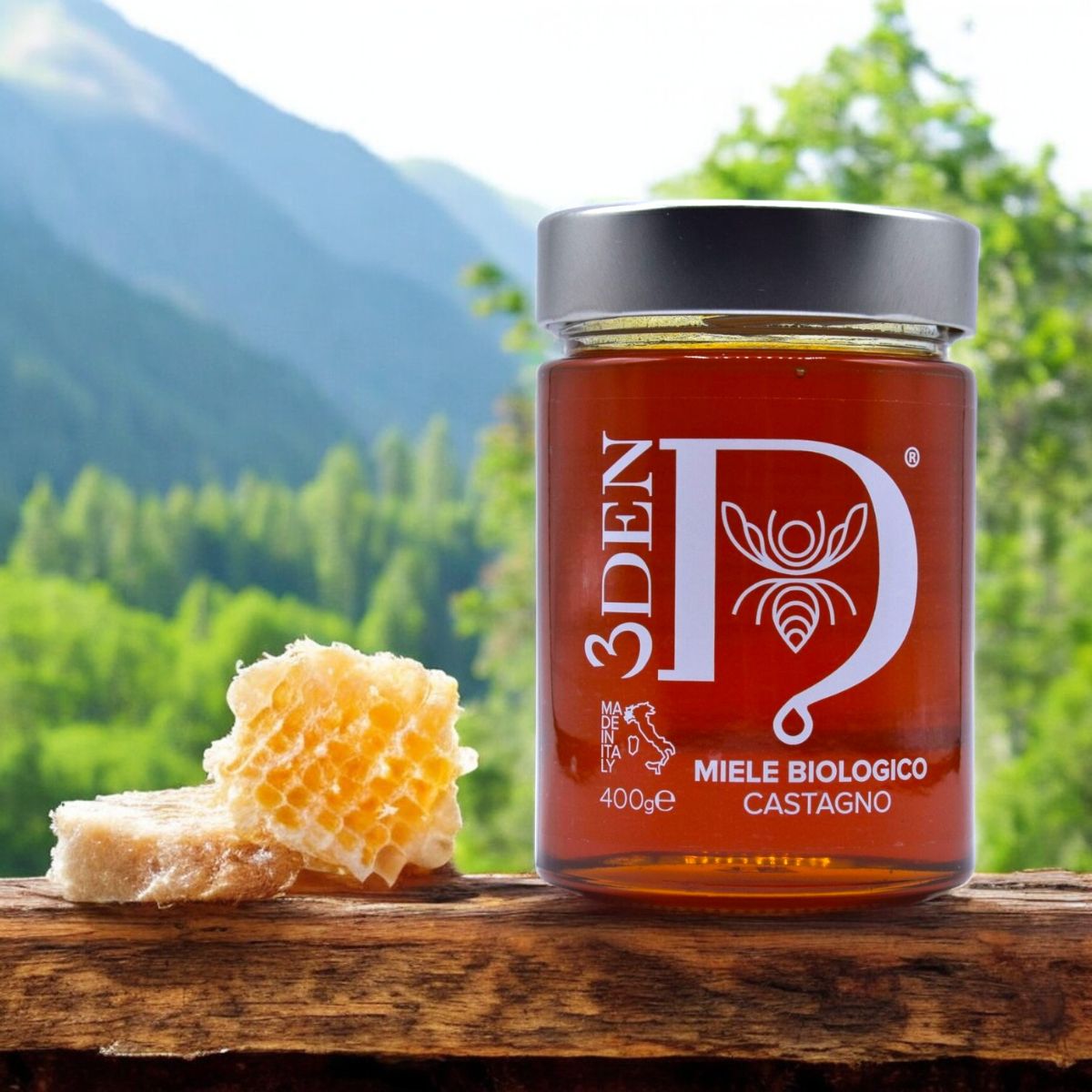 Bio-Kastanienhonig von EdenBee in einem Glas mit 400 g, gewonnen aus den Blüten der piemontesischen Kastanienbäume, Bio-zertifiziert, mit intensivem, aromatischem Geschmack und dicker Konsistenz.