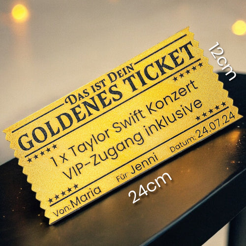 Dreizack Goldenes Ticket – Individuell personalisierbares Ticket aus 3D-Druck, 24 x 12 cm, aus kompostierbarem PLA in Gold. Robust und flexibel, ideal als besonderes Geschenk für Events.