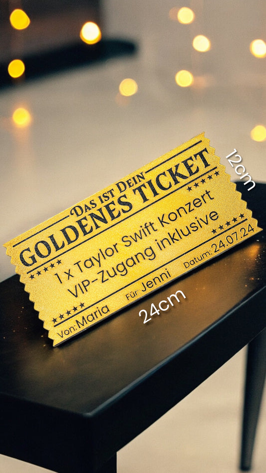 Dreizack Goldenes Ticket – Individuell personalisierbares Ticket aus 3D-Druck, 24 x 12 cm, aus kompostierbarem PLA in Gold. Robust und flexibel, ideal als besonderes Geschenk für Events.