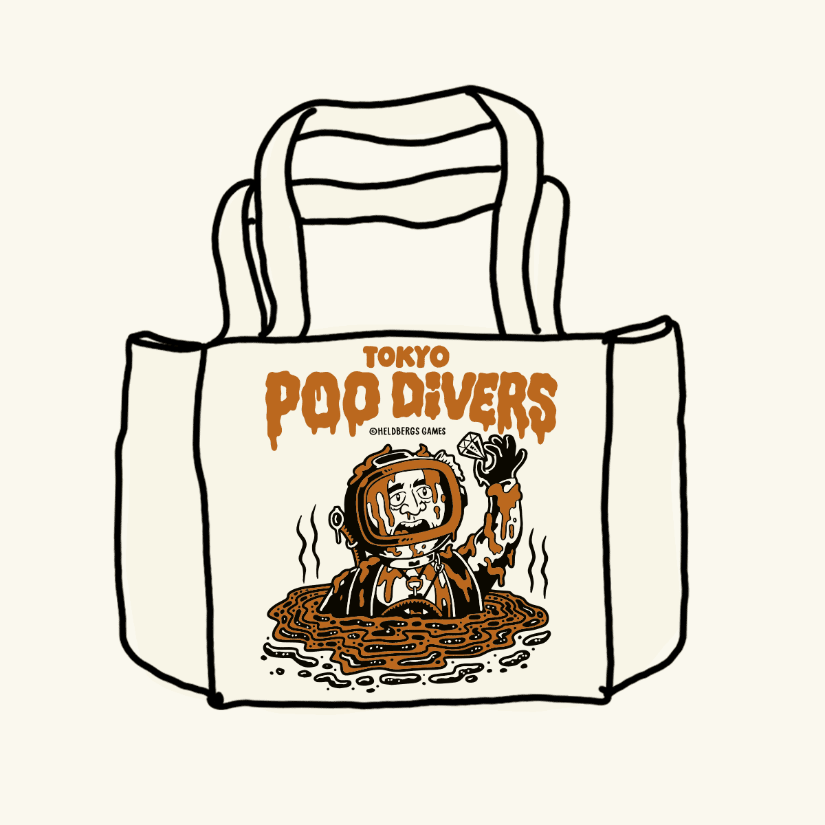 „Tokyo Poo Divers“ Tote Bag von Heldbergs Games, aus 16-Unzen-Baumwolle. Maße 32 x 33 x 16 cm, mit Magnetverschluss und Innentasche. Freches Design für urbane Legenden.