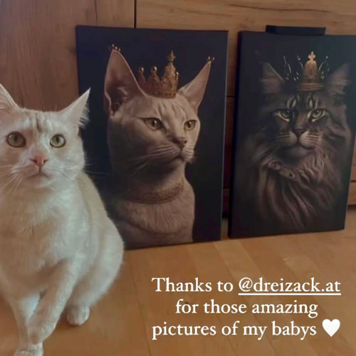 Dreizack Königliches Katzenportrait – Personalisiertes Portrait deiner Katze mit Krone, Robe und Schmuck. Erhältlich als digitaler Download, Poster oder Leinwand in verschiedenen Größen. Dreizack Wien.