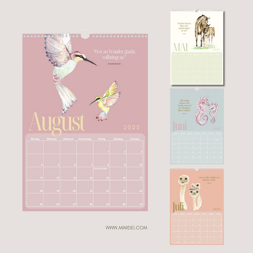 Kalender mit 12 handgemalten Aquarell-Tiermotiven und inspirierenden Zitaten von MiniDei Design. Hochwertig gedruckt auf 300 g/m² Hochglanzpapier, in den Größen A4 und A3 erhältlich. Nachhaltig verpackt in Österreich.