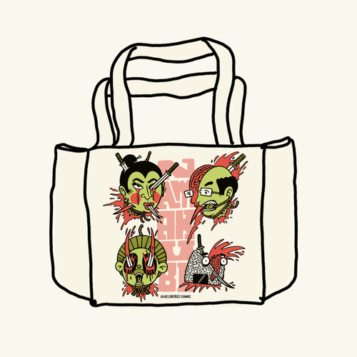 „Namakubi“ Tote Bag von Heldbergs Games mit vier ikonischen Köpfen, aus 16-Unzen-Baumwolle. Maße 32 x 33 x 16 cm, mit Magnetverschluss und Innentasche. Japanisches Design trifft auf praktischen Stil.