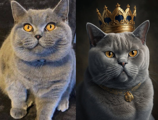 Dreizack Königliches Katzenportrait – Personalisiertes Portrait deiner Katze mit Krone, Robe und Schmuck. Erhältlich als digitaler Download, Poster oder Leinwand in verschiedenen Größen. Dreizack Wien.
