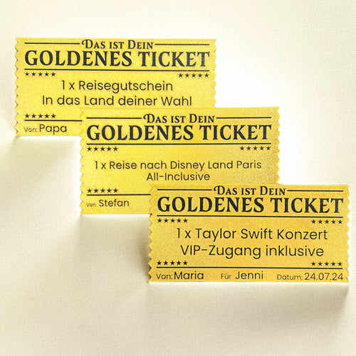 Dreizack Goldenes Ticket – Individuell personalisierbares Ticket aus 3D-Druck, 24 x 12 cm, aus kompostierbarem PLA in Gold. Robust und flexibel, ideal als besonderes Geschenk für Events.