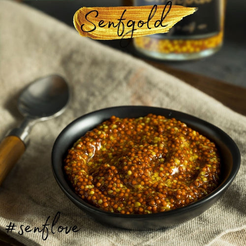 Senfgold Curry – Handgemachter, fermentierter Currysenf aus Vorarlberg, ideal zu Käse, Fleisch, Salaten und als Marinade, hergestellt mit natürlichen Zutaten wie Honig und Kurkuma