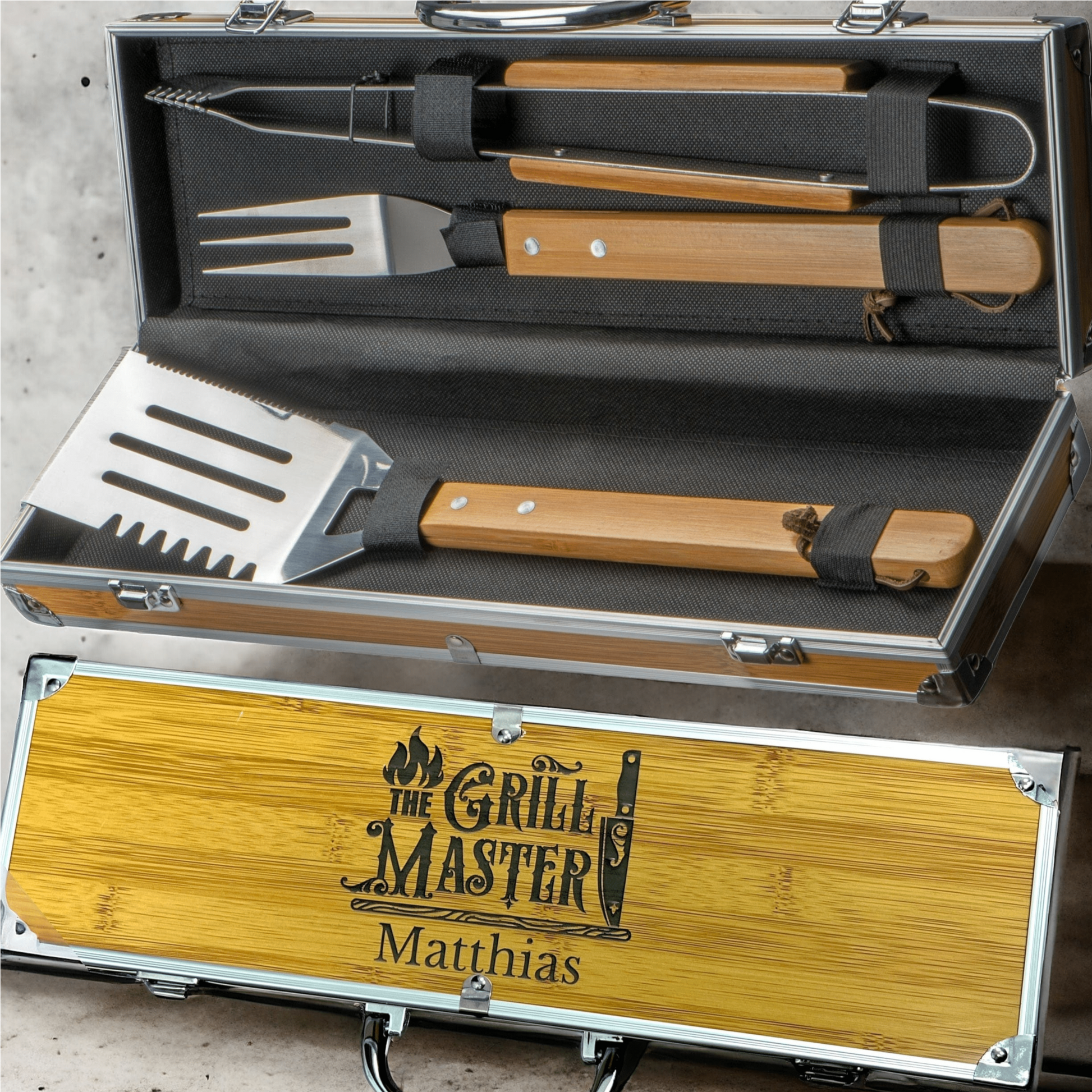 Personalisiertes Grillkoffer Set | Ideal für BBQ-Enthusiasten Personalisiert & Individuell Dreizack Gravuren oesterreich handgemachte geschenke in wien