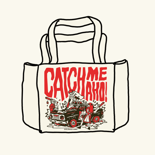 „Catch me Aho“ Tote Bag von Heldbergs Games, inspiriert von Sukeban-Kultur. Hergestellt aus 16-Unzen-Baumwolle, Maße 32 x 33 x 16 cm, mit Magnetverschluss und Innentasche. Frecher Style für Abenteuer.