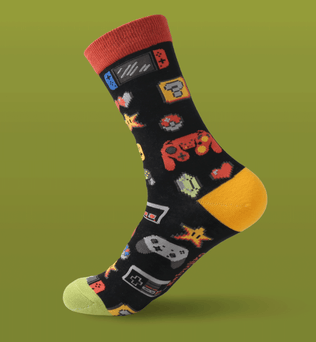 Video Games Baumwollsocken – Komfortable und stilvolle Socken mit Gaming-Symbolen, Zelda, Pokemon und Mario Motiv und Controllern. Größen EU 37–43 und EU 45–48 (Slim Fit) von Kabujiro. Dreizack Wien.