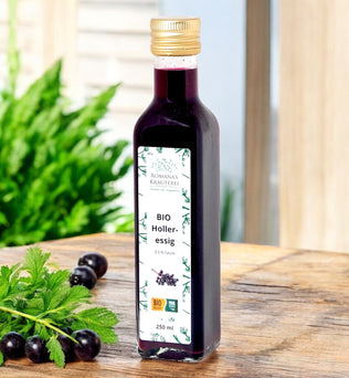 BIO Holleressig – Würziger Essig aus Apfelessig und schwarzen Holunderbeeren mit Zimt, Piment und Nelken. 100% biologisch und nachhaltig hergestellt in Österreich, 250 ml Flasche.