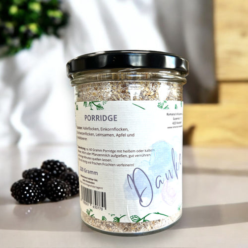 Porridge – Vollkornmischung mit Hafer, Einkorn, Buchweizen und Früchten, ideal für ein gesundes Frühstück. Hergestellt in Österreich, 220 g Glas.