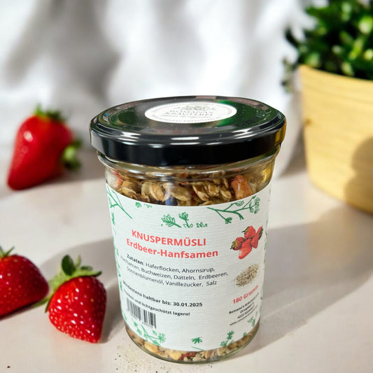 Knuspermüsli Erdbeer-Hanfsamen – Knusprige Mischung aus Haferflocken, Erdbeeren, Hanfsamen und weiteren natürlichen Zutaten. Ideal für ein gesundes und leckeres Frühstück, 180 g Glas.