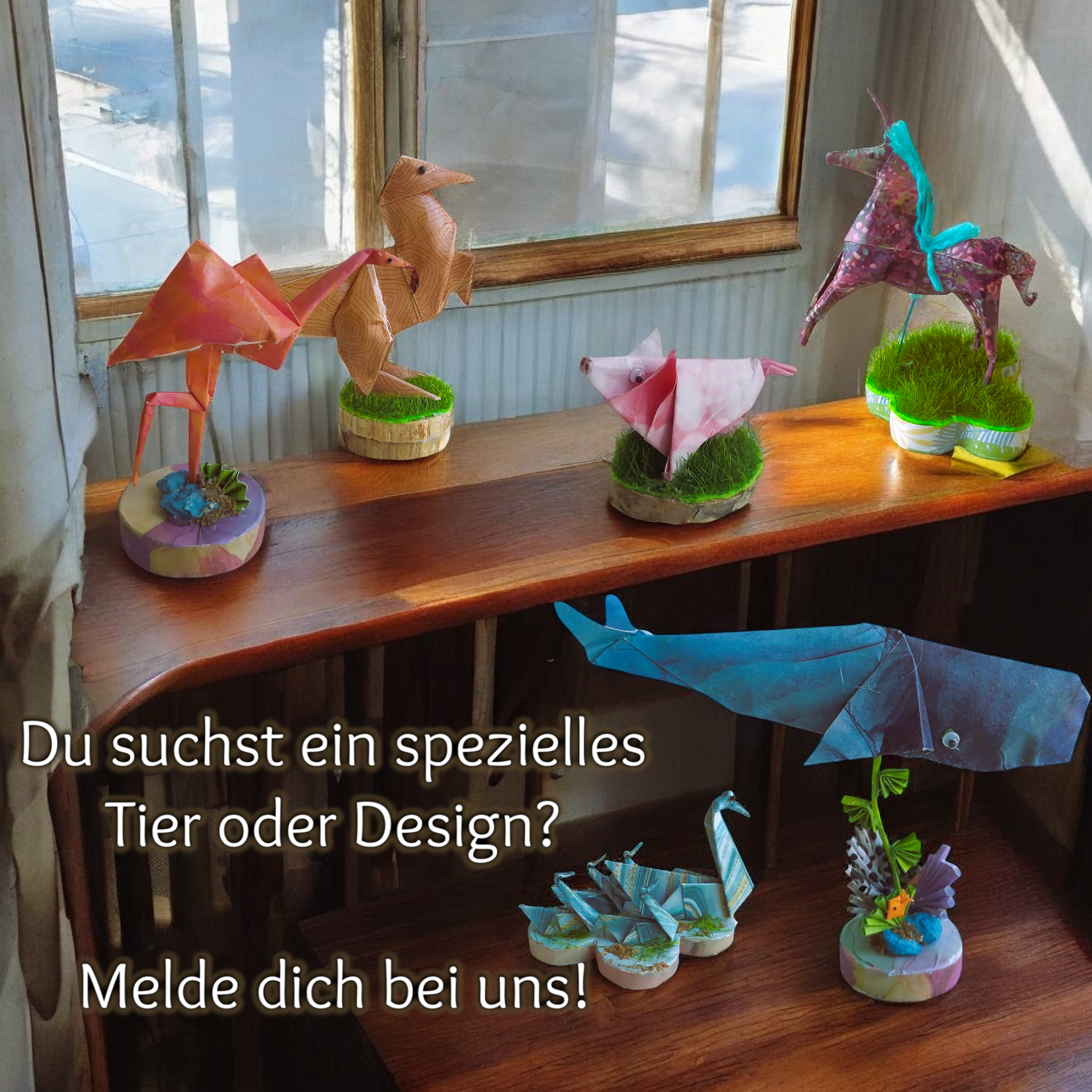 Origami-Figuren von Künstlerhände – Handgefertigte Origami-Tiere und Fantasiewesen, perfekt zum Sammeln und Dekorieren, in verschiedenen Größen und Designs.