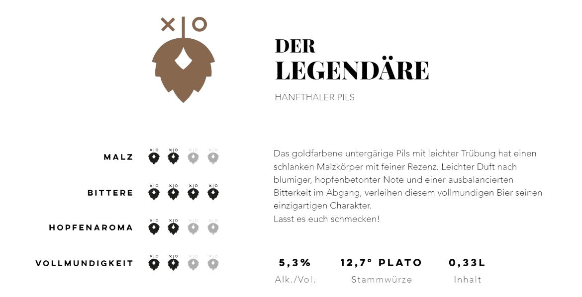 Das Legendäre Hanfthaler Pils von Hopfius: ein goldfarbenes, untergäriges Pils mit schlankem Malzkörper, blumigem Duft und fein ausbalancierter Bitterkeit. Perfekter Craft-Bier-Genuss aus Österreich.