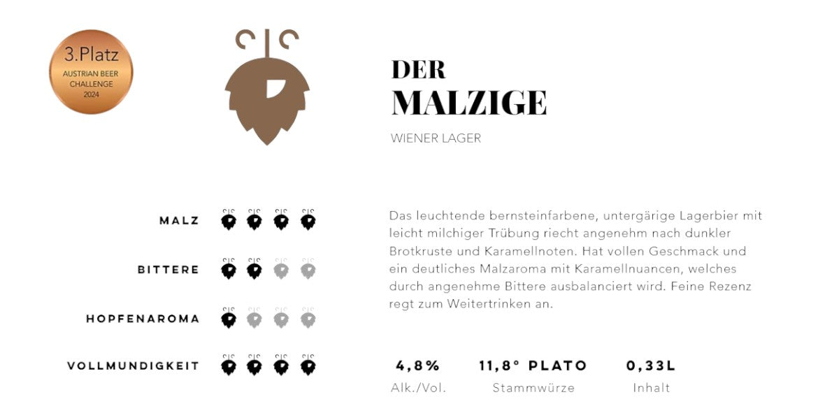 Der Malzige von Hopfius: Wiener Lager mit bernsteinfarbener Optik, malzigem Karamellaroma und milder Bittere. Prämiertes Craft-Bier aus Österreich – ein Geschmackserlebnis.