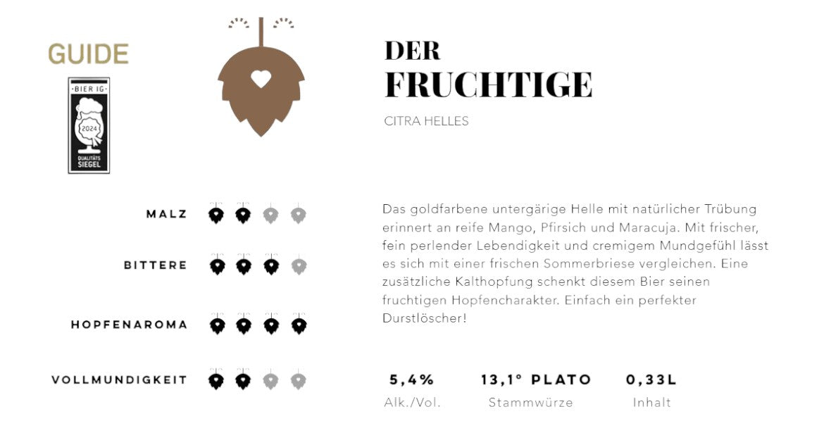 Der Fruchtige von Hopfius: Goldfarbenes Citra Helles mit tropischen Aromen von Mango, Pfirsich und Maracuja. Fruchtig-frischer Craft-Bier-Genuss aus Österreich mit Qualitätssiegel.