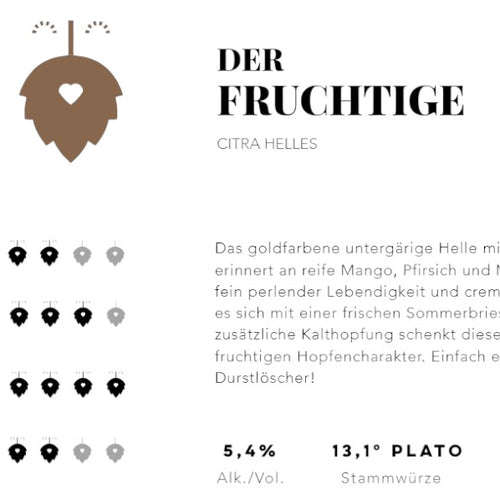 Der Fruchtige von Hopfius: Goldfarbenes Citra Helles mit tropischen Aromen von Mango, Pfirsich und Maracuja. Fruchtig-frischer Craft-Bier-Genuss aus Österreich mit Qualitätssiegel.