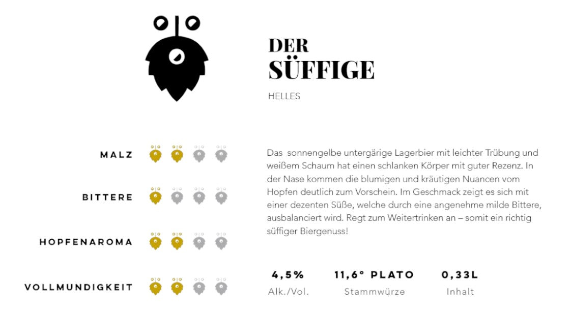 Der Süffige von Hopfius: Goldfarbenes Lagerbier mit blumigen und kräuterigen Noten, dezenter Süße und milder Bittere. Süffiges Craft-Bier aus Österreich mit 4,5 % Vol.