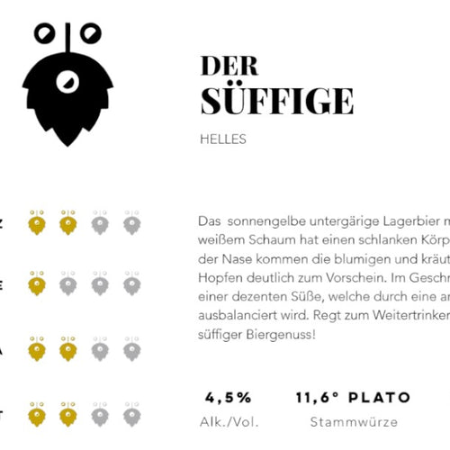 Der Süffige von Hopfius: Goldfarbenes Lagerbier mit blumigen und kräuterigen Noten, dezenter Süße und milder Bittere. Süffiges Craft-Bier aus Österreich mit 4,5 % Vol.