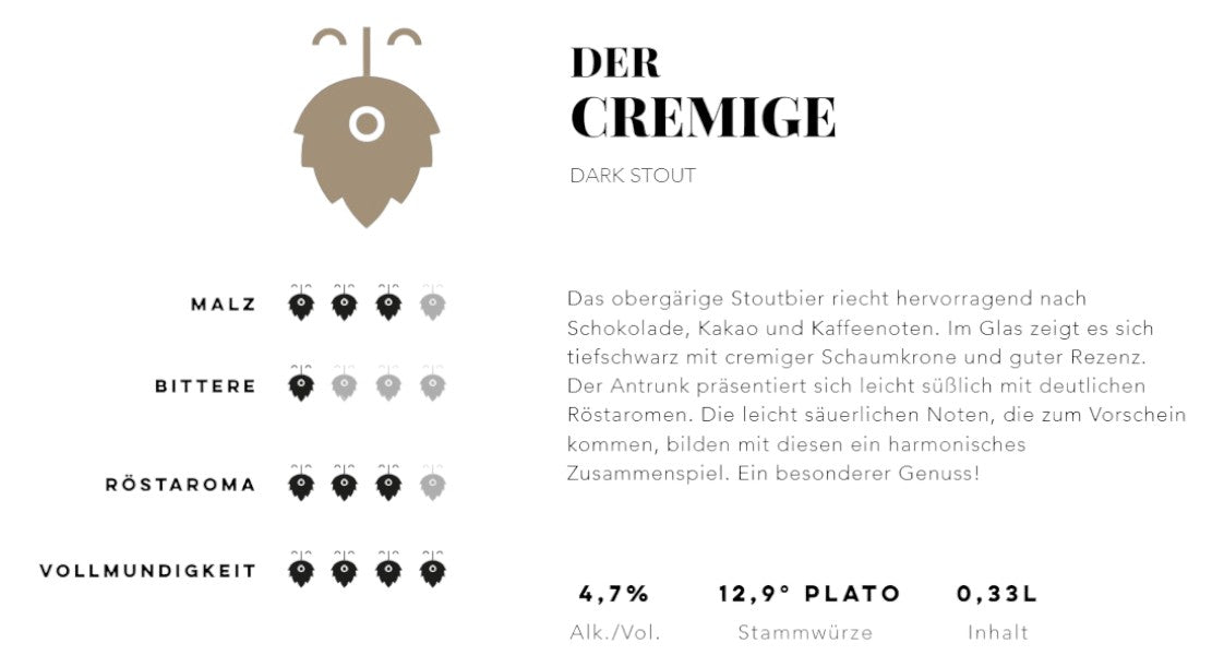 Der Cremige von Hopfius: Dark Stout mit tiefschwarzer Farbe, cremiger Schaumkrone und Aromen von Schokolade, Kakao und Kaffee. Ein Craft-Bier-Genuss aus Österreich.