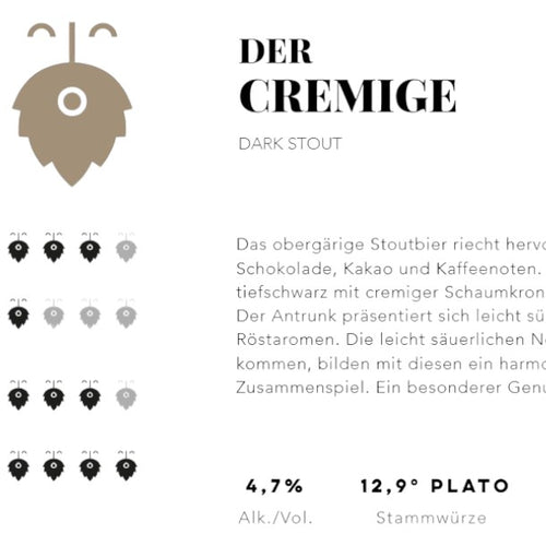 Der Cremige von Hopfius: Dark Stout mit tiefschwarzer Farbe, cremiger Schaumkrone und Aromen von Schokolade, Kakao und Kaffee. Ein Craft-Bier-Genuss aus Österreich.