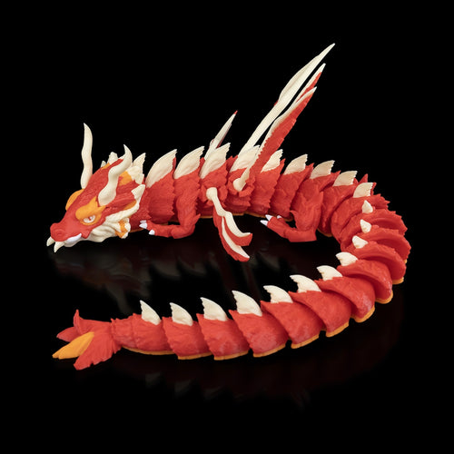 Flexodrache „Caelum“: Premium 3D-Druck Himmelsdrache, 51 cm, rot mit orangenen und weißen Akzenten, Engelsflügel. Beweglich, nachhaltig aus PLA, 100 % in Wien gefertigt.