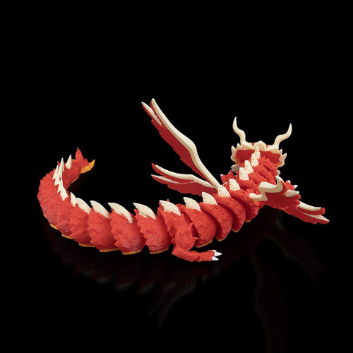 Flexodrache „Caelum“: Premium 3D-Druck Himmelsdrache, 51 cm, rot mit orangenen und weißen Akzenten, Engelsflügel. Beweglich, nachhaltig aus PLA, 100 % in Wien gefertigt.