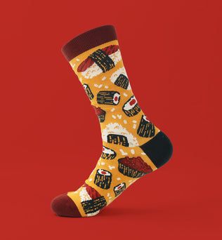 Sushi & Onigiri Baumwollsocken – Komfortable und stilvolle Socken mit Sushi-Motiven. Größen EU 37–43 und EU 45–48 (Slim Fit) von Kabujiro. Dreizack Wien.