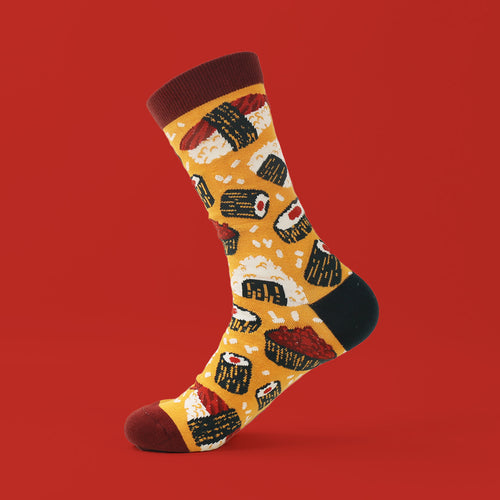 Sushi & Onigiri Baumwollsocken – Komfortable und stilvolle Socken mit Sushi-Motiven. Größen EU 37–43 und EU 45–48 (Slim Fit) von Kabujiro. Dreizack Wien.