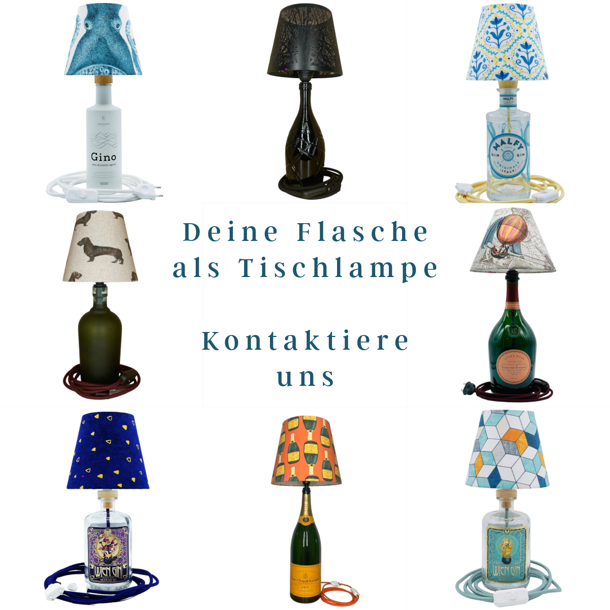 Designeria Wien Tischlampen – Hochwertige Tischlampen aus recycelten Gin-, Whiskey- und Vodkaflaschen. Farbliche Harmonie, CE-geprüft, inkl. Glühbirne. Maße: 45 cm hoch, 16 cm tief. Dreizack Wien.