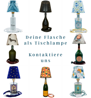 Designeria Wien Tischlampen – Hochwertige Tischlampen aus recycelten Gin-, Whiskey- und Vodkaflaschen. Farbliche Harmonie, CE-geprüft, inkl. Glühbirne. Maße: 45 cm hoch, 16 cm tief. Dreizack Wien.