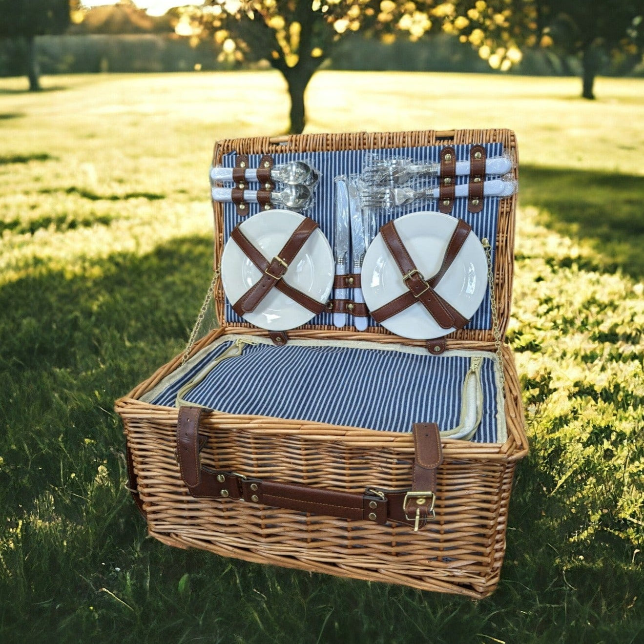 Isolierter Picknickkorb in blau/braun für 4 Personen Dreizack oesterreich handgemachte geschenke in wien