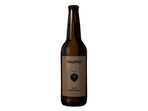 Der Cremige von Hopfius: Dark Stout mit tiefschwarzer Farbe, cremiger Schaumkrone und Aromen von Schokolade, Kakao und Kaffee. Ein Craft-Bier-Genuss aus Österreich.