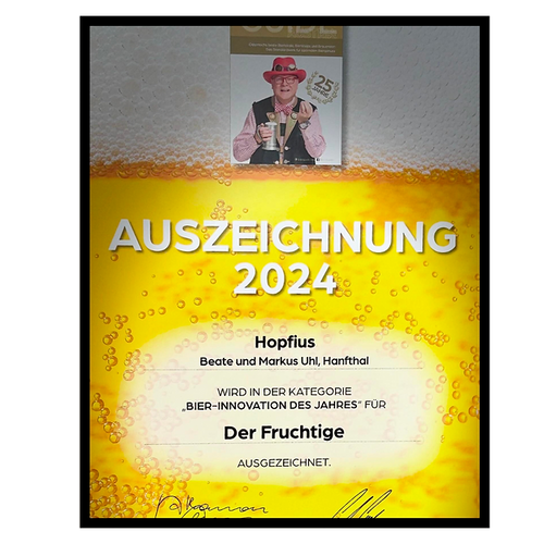 Der Fruchtige von Hopfius: Goldfarbenes Citra Helles mit tropischen Aromen von Mango, Pfirsich und Maracuja. Fruchtig-frischer Craft-Bier-Genuss aus Österreich mit Qualitätssiegel.