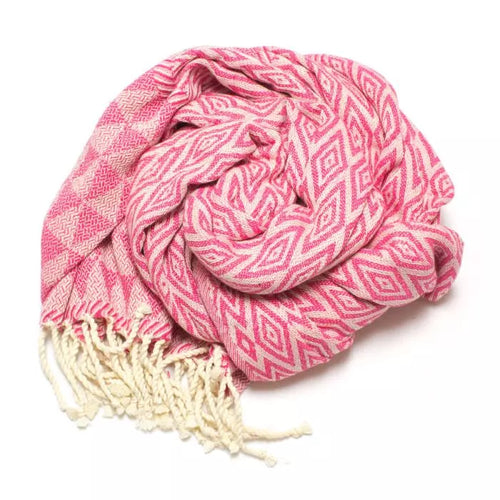 Fuchsia Flower Jacquard Fouta von Anna Aniq in Rosa: 100 % recycelte Baumwolle, fair produziert in Tunesien, weich, saugfähig, schnelltrocknend, 2 x 1 m, vielseitig für Sauna, Reisen & Strand.