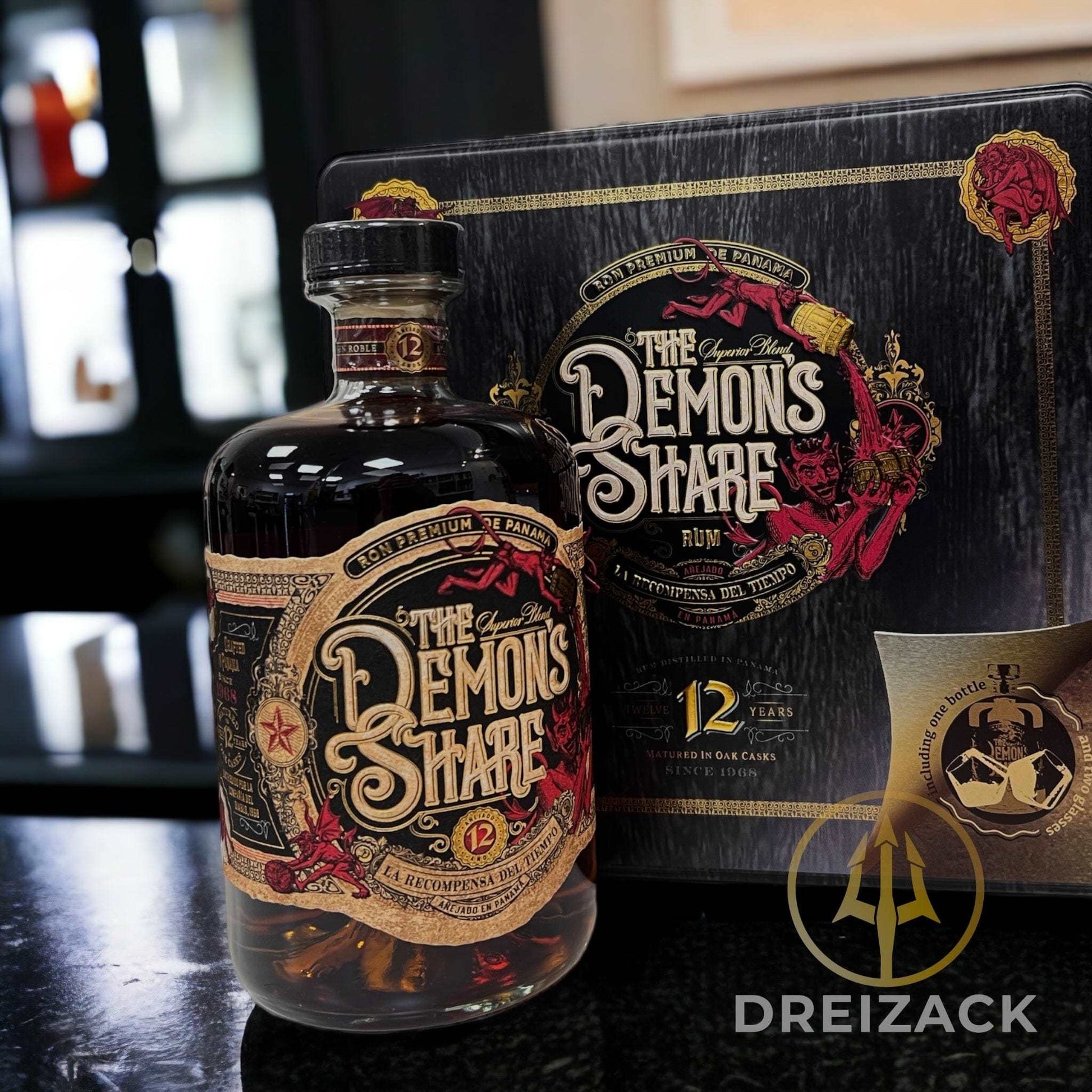 Devils Share Rum-Set inkl. 2 Rumgläser, 12 Jahre Fassreife Alkoholische Getränke Dreizack oesterreich handgemachte geschenke in wien