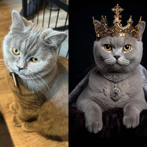 Dreizack Königliches Katzenportrait Britisch Kurzhaar – Personalisiertes Portrait deiner Katze mit Krone, Robe und Schmuck. Erhältlich als digitaler Download, Poster oder Leinwand in verschiedenen Größen. Dreizack Wien.