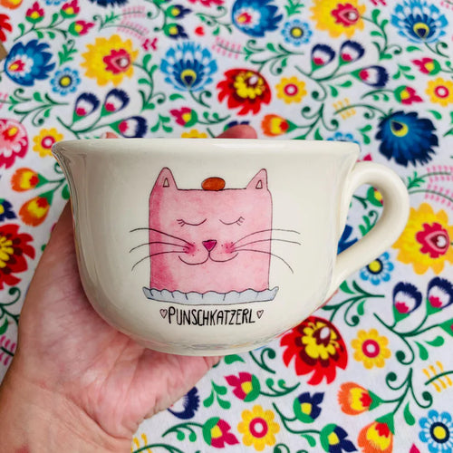 Punschkatzerl® Häferl von wuwu: Handgefertigte Keramik-Tasse, 300 ml, dreifach gebrannt, in Wien veredelt, spülmaschinengeeignet, charmantes Katzen-Design.