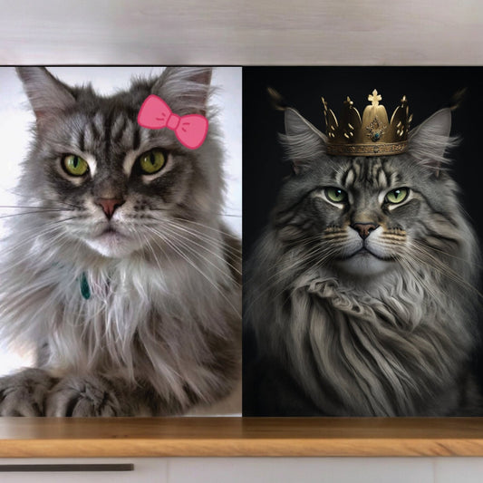 Dreizack Königliches Katzenportrait Maine Coon– Personalisiertes Portrait deiner Katze mit Krone, Robe und Schmuck. Erhältlich als digitaler Download, Poster oder Leinwand in verschiedenen Größen. Dreizack Wien.