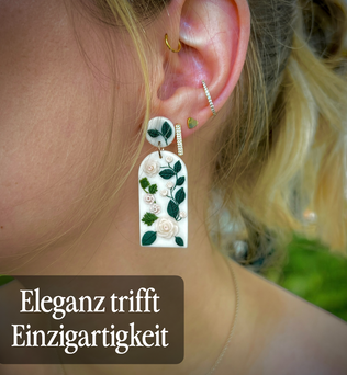 Handgemachte Ohrringe von Fleurissima Bijou aus Polymer Clay mit floralen Designs und rostfreiem Edelstahl. Einzigartige Unikate für sensible Ohren.