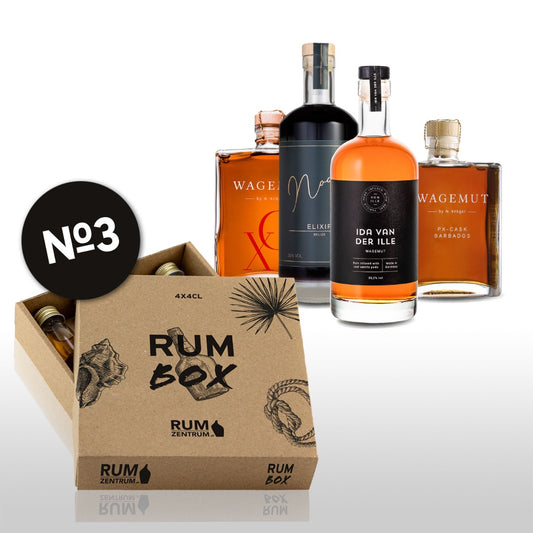 R(h)um Box Nr. 3 vom Rumzentrum – Vier exklusive Rumflaschen (je 4cl) in einer nachhaltigen Kartonbox, ideal für Rumliebhaber und Genießer.