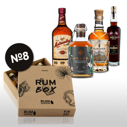 R(h)um Box Nr. 8 vom Rumzentrum – Vier exklusive Rumflaschen (je 4cl) in einer nachhaltigen Kartonbox, ideal für Rumliebhaber und Entdecker.