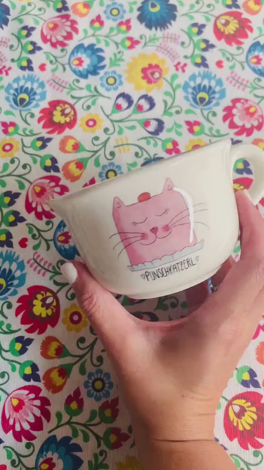 Punschkatzerl® Häferl von wuwu: Handgefertigte Keramik-Tasse, 300 ml, dreifach gebrannt, in Wien veredelt, spülmaschinengeeignet, charmantes Katzen-Design.